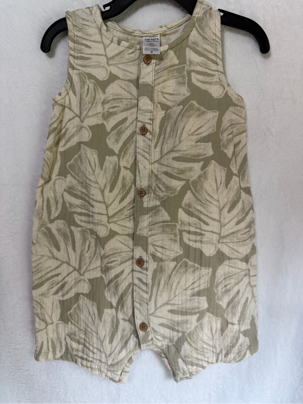 Carter's Cream & Sage Leaf-Print Sleeveless Romper